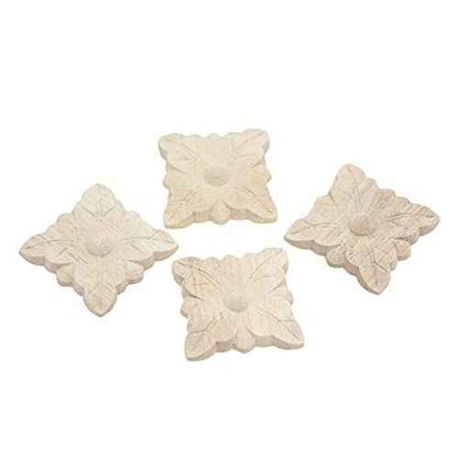 Decorative Wood Appliques 4 Pack Wood Carved Applique Onlay for Furniture Decor Leaf Style Decal Unpainted be Attached to Home Corner Frame,Cabinets, Windows, Mirrors, Doors, Bed,1.97x1.97inch