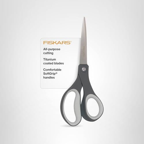 Fiskars 8" Comfort Grip Titanium All Purpose Scissors, Sharp Stainless Steel Blades for Everyday Cutting Tasks, Home, Office, and Arts & Crafts, Gray