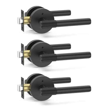 Amerdeco 3 Pack Matte Black Door Handles Interior,Knurled Privacy Door Handles with Lock,Heavy Duty Black Door Lever for Bedroom or Bathroom,Reversible Keyless for Left Right Handed Doors AM0027
