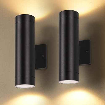LUTEC Dusk to Dawn Outdoor Wall Lights, 16W Integrated LED Cylinder Up-Down Sconce, 3000K Waterproof Aluminum Exterior Lighting, Matte Black Modern Porch and Entryway Wall Light Fixture, 2 Pack