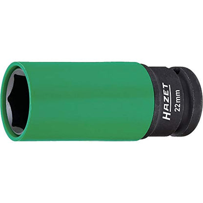 HAZET 903SLG-22 1/2 Inch Impact Socket, 22 Mm AF, External Hexagonal Traction Profile, For Aluminum Rims, Color-Coded Plastic Sleeve Green