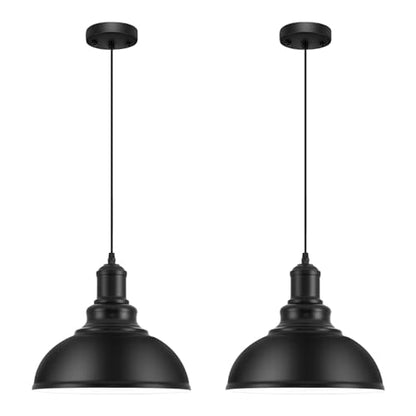 2PCS Matte Black Pendant Lights, Farmhouse Pendant Lamp with Metal Shade (White Inside), Industrial Pendant Lighting for Kitchen Island, Dining Room, Bedroom, Hallway