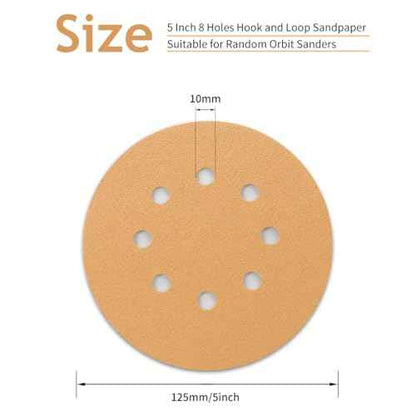 50 PCS 100 Grit 5 Inch 8 Hole Sanding Discs, Hook and Loop Gold Sandpaper Pads for Random Orbital Sander