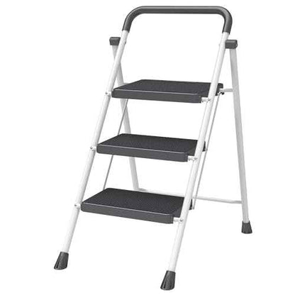 White 3 Step Stool Foldable ? Heavy-Duty Foldable Step Stool for Adults, 500 lbs Capacity, Anti-Slip Feet & Wide Steps, Sturdy Steel Frame, Lightweight & Space-Saving Design for Home, Kitchen & Garage