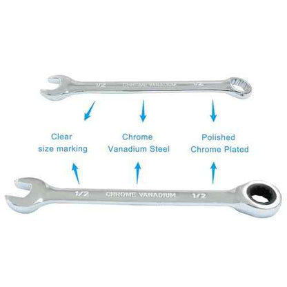 1/2 Inch Ratcheting Wrench Set, 2 Pieces SAE Ratcheting Combination Wrench with 12 Point Design, 72 - Tooth Ratchet Spanner with Chrome Plating