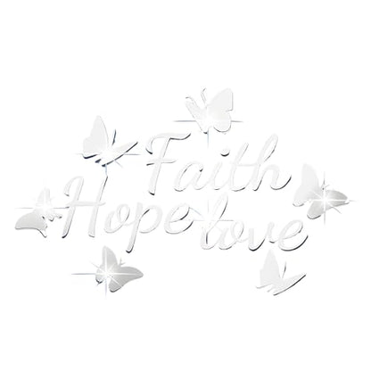 Faith Hope Love 3D Acrylic Mirror Wall Decor Stickers, Butterfly Faith Hope Love Wall Decal, Peel and Stick Motivation Letter Wall Sayings Vinyl Lettering Art Quotes for Home Bedroom, Silver