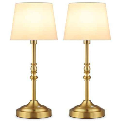 GGOYING Set of 2 Rechargeable Cordless LED Table Lamps, 4-Level Dimmer, Bronze Portable Desk Lamps with White Fabric Shades, Night Light for Dining, Bedroom and Patio