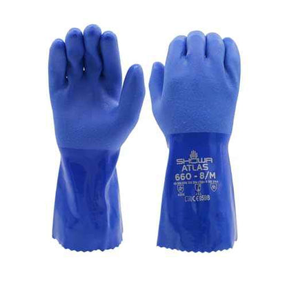 SHOWA Atlas 660 Triple-Dipped PVC Coated Chemical Resistant Safety Glove with Cotton Liner, 12" Length, Large (12 Pair)