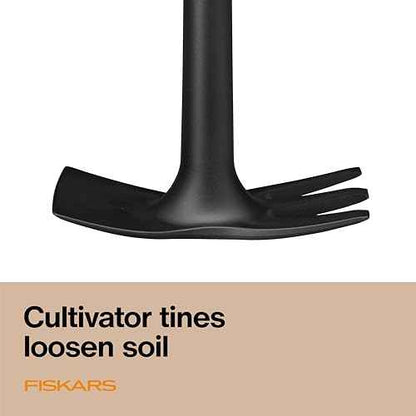 Fiskars Eco Cultivator Hoe with Dual-Function Design, Tapered Blade, Cultivator Tines, Ergonomic Handle, and UV-Resistant Build for Soil Care