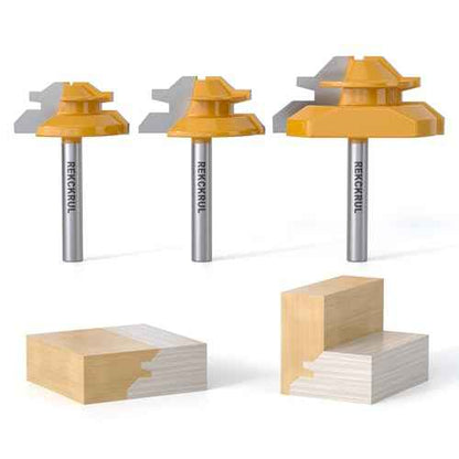 Professional 3 PCS 45 Degree Lock Miter Router Bit Set - Carbide Tipped, 1/4" Shank, Cutting Height: 1/2", 5/8", 3/4", Woodworking Tools for Cabinets, Drawers, Doors & Furniture