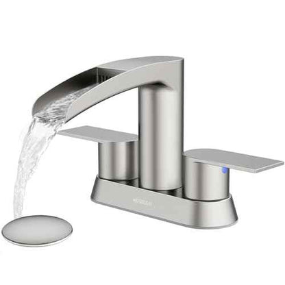 Bathroom Sink Faucet for 3 Hole, Hurran 4 Inch Bathroom Faucets with Pop-up Drain, Stainless Steel 2-Handle Waterfall Faucet for Sink, Brushed Nickel