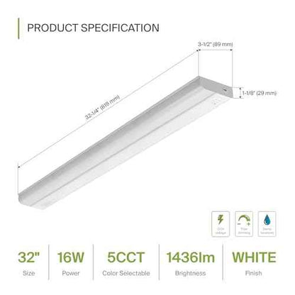 ASD 32 Inch LED Under Cabinet Lighting Hardwired, On/Off & Color Temp Switch, 16W 1436LM, 5CCT 2700K-5000K CRI90+, Dimmable Under Counter Lights for Kitchen, Under Cabinet Lights, White, UL