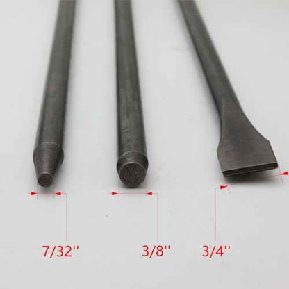 Air Hammer Bits 18''(450mm) Long 3-Piece Set, 3/4'' Air Chisel, 3/8'' Point Tip, 7/32'' Point Tip, 0.401" Shank, Air Hammer Attachments, 42Cr-Mo, HRC60, Rolled Rust-resistant Oil Treatment,Cold Chisel