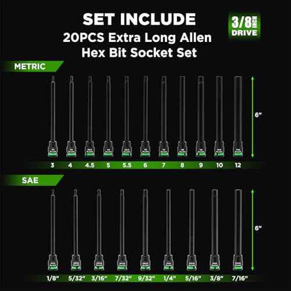 3/8" Drive Long Impact Hex Bit Socket Set, Allen Bit Sockets, 20PCS Allen Wrench Socket, SAE (1/8"-7/16¡±) and Metric (3MM-12MM), 6" Long CR-V & S2 Alloy Steel Hex Key Set