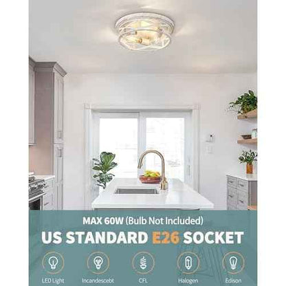 2 Pack Close to Ceiling Light Fixtures, 3-Lights Cage Flush Mount Ceiling Light, 13 Inch White and Gold Semi Flush Mount Ceiling Light for House Bedroom Laundry Hallway Kitchen