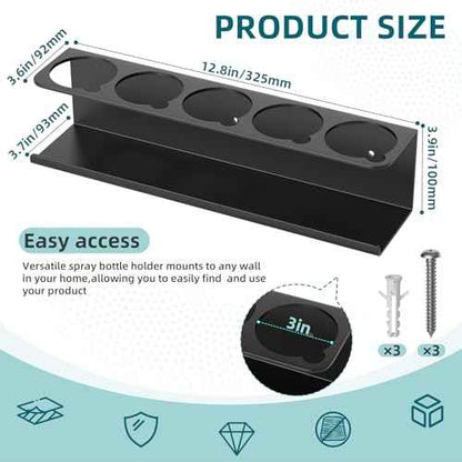 2 Pack 5 All-Purpose Spray Bottle Holder Wall Mount | Heavy-Duty Powder Coated Steel Spray Bottle Storage Rack for Garage Home Workspace | Detailing Bottle Holder (Black)