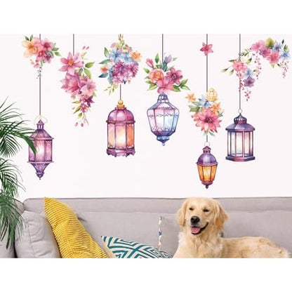Hanging Flower Vine Wall Stickers Floral and Lamp Peel and Stick Wall Art Decals Flower Vine Wall Decor for Living Room Bedroom TV Background Spring Party Decoration