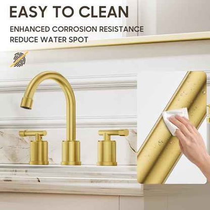 Phiestina Brushed Gold Widespread 8 Inch Bathroom Faucet£¬3 Holes 2 Handles Modern Bathroom Sink Faucet with Metal Pop-Up Drain & Water Supply Line,WFZY01-BG