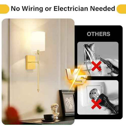 24.8 Inch Wall Sconces Battery Operated Set of 2, Rechargeable Wireless Wall Sconces Lights with Remote, Not Hardwired Dimmable Gold Wall Lamps with White Fabric Shade for Bedroom, 2 Bulbs Included