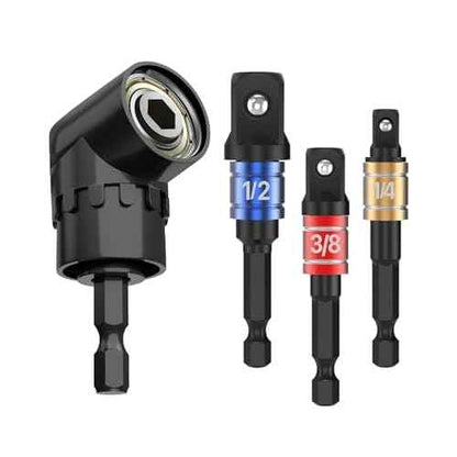 Bates- Socket Adapter Extension Set with Right Angle Drill Attachment, 4 pcs, 1/2" 1/4" 3/8" Impact Socket Adapter Set, 105 Degree Right Angle Drill Adapter, Screwdriver Drill Bit Set