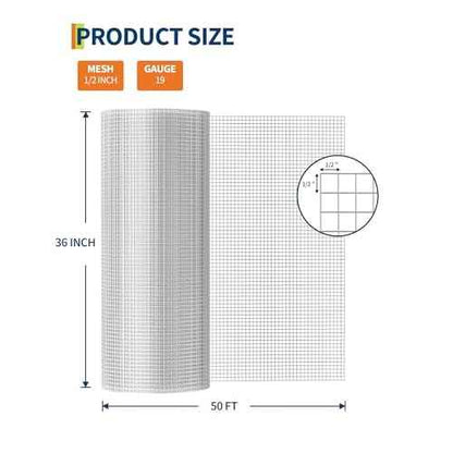 1/2 in 36 in x 50 ft Hardware Cloth, 19GA Chicken Wire Fencing, Galvanized Welded Wire Mesh Roll for Poultry Netting Cage, Chicken Coop, Silver (36"x50 ft Sliver)