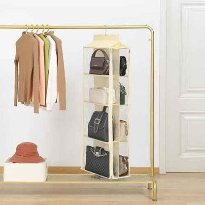 8 Grids in 1 Pack Hanging Purse Handbag Organizer with Double Zippers, Visible Purse Organizer for Closet, Fully Enclosed Purse Storage Holder-Beige