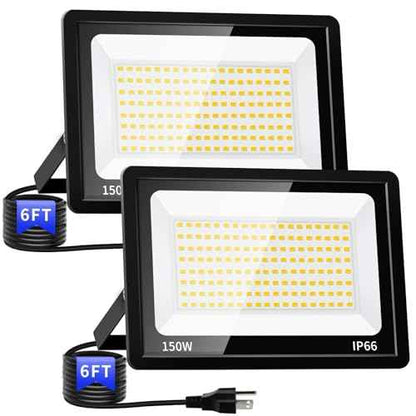150W LED Outdoor Flood Lights with Plug, 18000lm Bright Work Light with 6ft Cord, 5000K Daylight White Exterior Floodlight, IP66 Waterproof Security Light Yard Lights for Garage Stadium 2 Pack