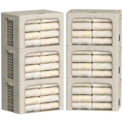 FHSQX 6 Pack Clothes Storage Bins with Metal Frame Foldable Storage Bins for Clothes Linen Fabric Storage Box with Clear Window (Beige, 15.7x11.8x7.8inch(22L))
