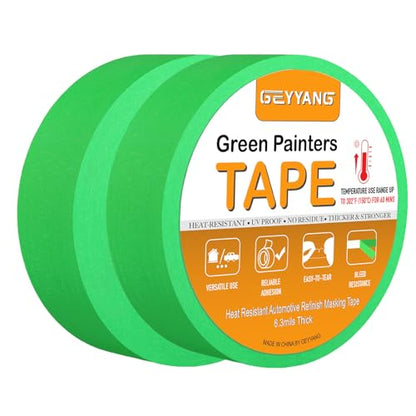 GEYYANG Automotive Masking Tape - Heat Resistant Green Painters Tape for Auto Body Spray Painting, Multi-Surface Painters Tape for DIY, Labeling, Art, Car, 1.41 inch x 55 Yards, 2 Rolls