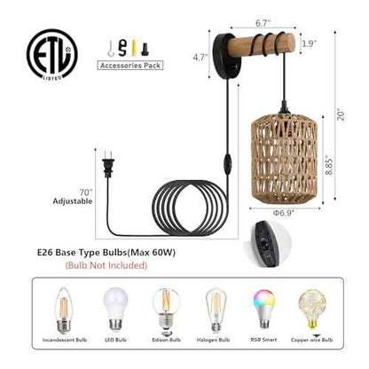 Rattan Plug in Wall Sconce Bedroom Sconces Set of 2 Boho Dimmable Wall Lamp with Plug in Cord Hanging Wall Lights for Living Room