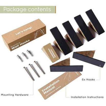 Homeforia Walnut Wood Coat Hooks, High End Walnut Wood & Black Metal Wall Mounted Coat Hooks, Mid-Century Modern Clothes Hooks, Heavy Duty Wooden Hooks for Hanging Coats, Hats, Towels & More, Set of 6