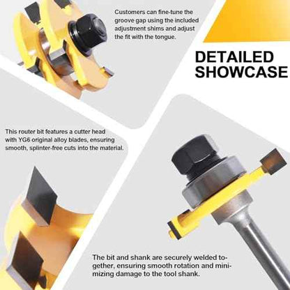 Tongue and Groove Router Bit Set of 2 Pieces, 1/4 Inch Shank, 3 Teeth Adjustable T Shape Wood Milling Cutter, 1/2Inch Cutting Depth£¬3/4Inch Stock£¬Woodworking Tools