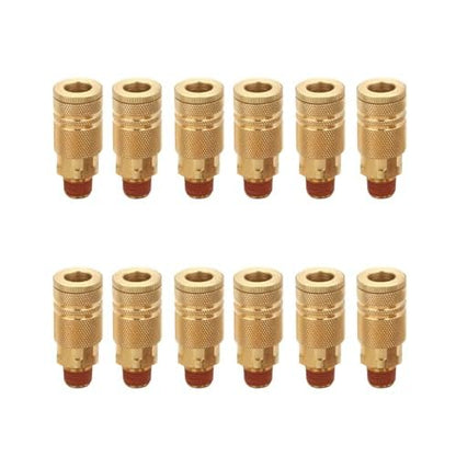 1/4 Inch Brass Male Industrial Coupler, 12 Pack 1/4 Inch Air Hose Fittings NPT Male Quick Connector Air Coupler with sealant for Professional Jobsites and Automotive Shops