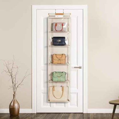 Syeeiex Hanging Handbag Purse Organizer with Zippers, 5 Mesh Shelves,Clear Slubbed Fabric+PVC Hanging Closet Bag Organizer, Dustproof Handbag Closet Tote Storage Bag for Door, Wardrobe, Beige