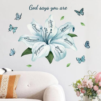 Yovkky Lily Flower Religious Inspirational Quote Wall Decals Stickers, Motivational God Says You are Teal Floral Butterfly Home Bedroom Decor, Positive Living Room Kitchen Decorations Art
