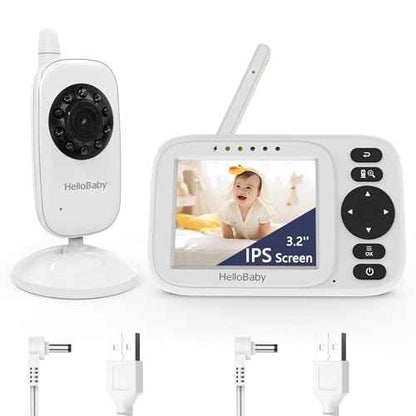 HelloBaby Baby Monitor No WiFi,Video Baby Monitor with Camera and Audio,3.2'' IPS Screen, Manual Baby Camera Adjustment, Night Vision, 1000ft/305m Range, ECO/VOX, Feeding Reminder, USB Charging Cable