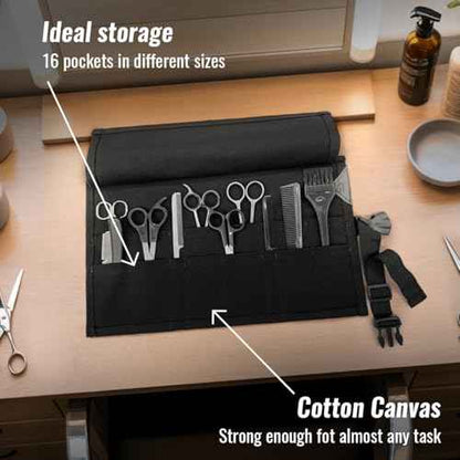 Under NY Sky Salon Scissors Roll Up Holder ? Professional Canvas Pouch Case for Hair Stylists, Barbers & Hairdressers ? Portable Storage Organizer for Hair Cutting Shears & Salon Tools - Black