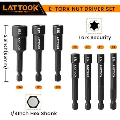 E-TORX Nut Driver Set, LATTOOK 7-Piece 1/4'' Hex Shank Female Torx Nut Driver E Torx & Star Nut Driver External Star Nut Driver Set for Impact Drill, E4 E5 E6 E8 E10 E12 E14