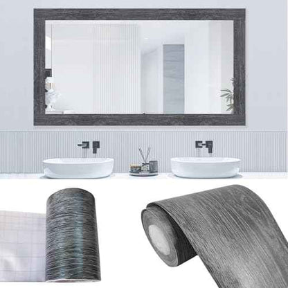 32.8 Feet Peel and Stick Dark Gray Wood Grain 10M Wallpaper Border Removable PVC Waterproof Wallpaper,Bathroom Mirror Frame Border Sticker Wall Decer (1.97inch)