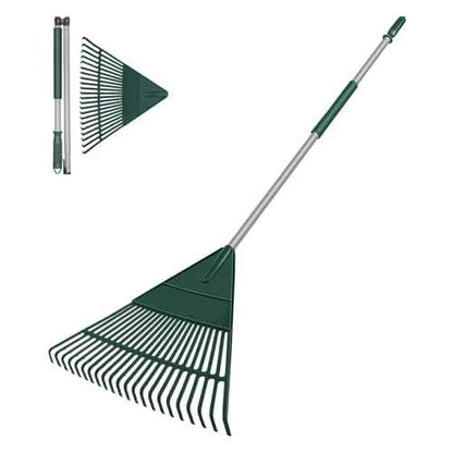 Garden Leaf Rake, 60" Garden Rakes with Foldable Lightweight Steel Handle, 22 Tines Plastic Head Shrub Rake, Folding Yard Garden Rake for Lawns, Grass, Flower Beds Leaves Cleaning, Silver & Green
