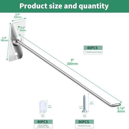 40 Pcs 8"/20CM Stainless Steel Wall Mounted Hooks with Protective Caps and Screws, Coat Bag Hat Utility Hook, Garage Tools Storage Organizer & Hanger for Office Kitchen Home Shop
