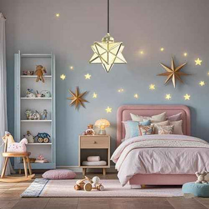 Gold Moravian Star Pendant Light with Brass Shade,16.5ft Plug-in Hanging Light Fixture with Switch, Farmhouse Brass Lighting for Kitchen Island, Bedroom, Hallway, Porch (LED Bulb Included)