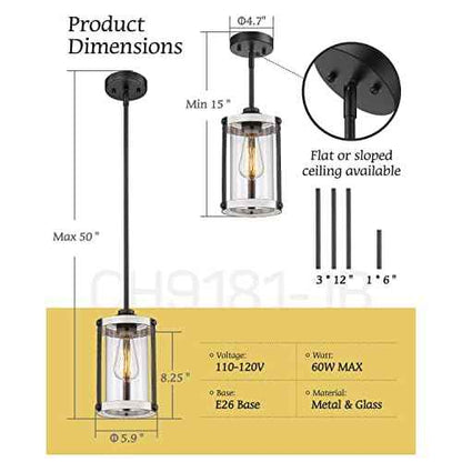 Farmhouse Pendant Light Fixtures, 1-Light Rustic Oak White Pendant Light Fixtures, Mini Glass Hanging Lighting with Rod for Kitchen Island Bar Bedroom, Adjustable Length, OS-3015