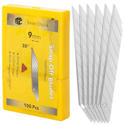 Bates- Snap Off Blades, 100 pcs, 9mm, 30 Degree, Carbon Steel Razor Blades, Box Cutter Blades for Box Cutter, Snap Blade Utility Knife, Box Cutter Blade Refills, Replacement Blades, 9mm Snap Off Blade