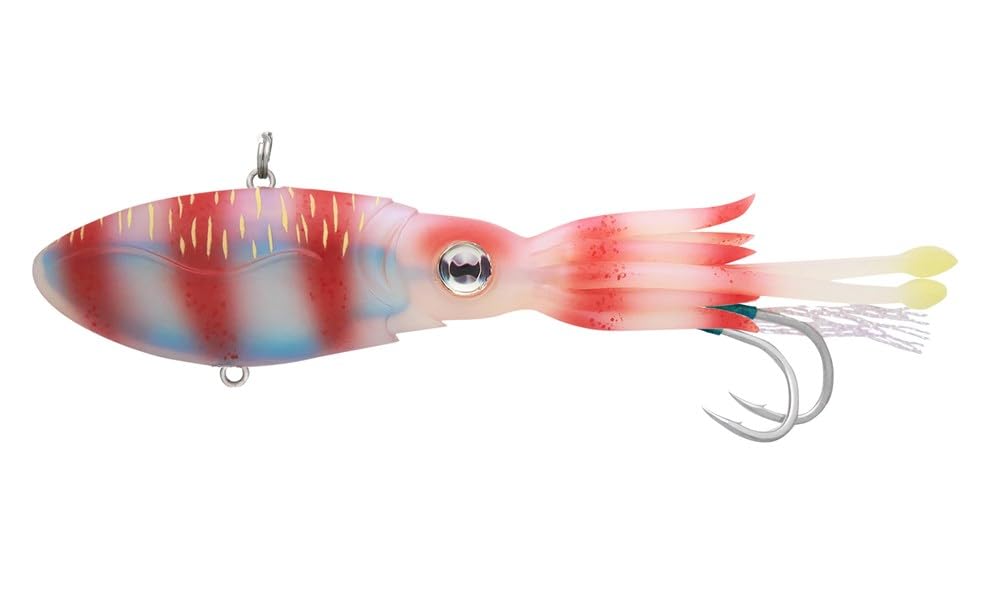 Nomad Design Squidtrex Patented Vibrating Fishing Lure- Scent Added TPE Soft Plastic Lure for Saltwater w/Strong BKK Assist Hooks, Fishing Bait that Catches Many Species, 110mm, 1 3/4oz- Red Tiger