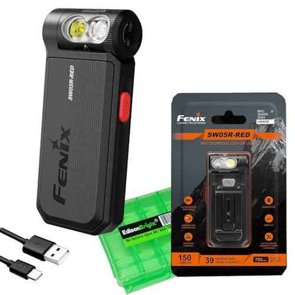 Fenix SW05R-RED Clip On Flat Body swival Flashlight with Red Light with EdisonBright Accessory case Bundle (Black)