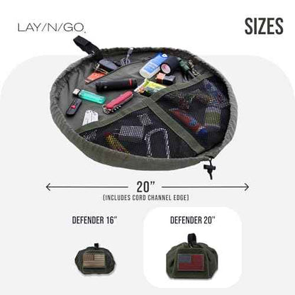 Lay-n-Go Defender Tactical Bag for Gear - Multifunctional Lay-Flat Military Tactical Travel Sack w/Zippered & Mesh Pockets - Water-Resistant, Machine-Washable Utility Tool Bag (20", Green)