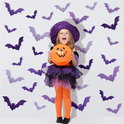 128Pcs Halloween 3D Bats Wall Stickers Gradient Purple Bats Waterproof Decals Halloween Wall Decorations with Glue Points for Home Window Party Supplies