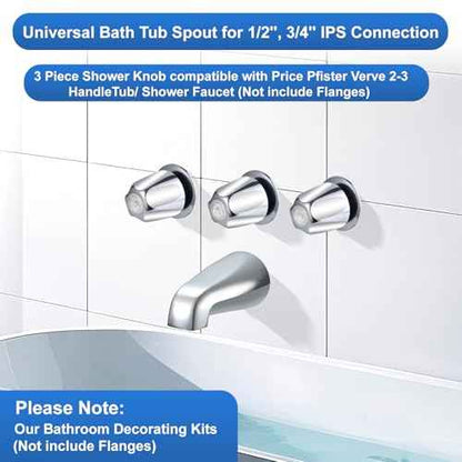 Tub Shower Trim Kit, Chrome Shower Knob 3 Piece and Bath Tub Spout, Compatible with Price/Pfister Verve 3 Handle Tub Faucet, for 1/2'' Pipe Male Thread Connection, 3/4'' IPS Pipe Inside Thread