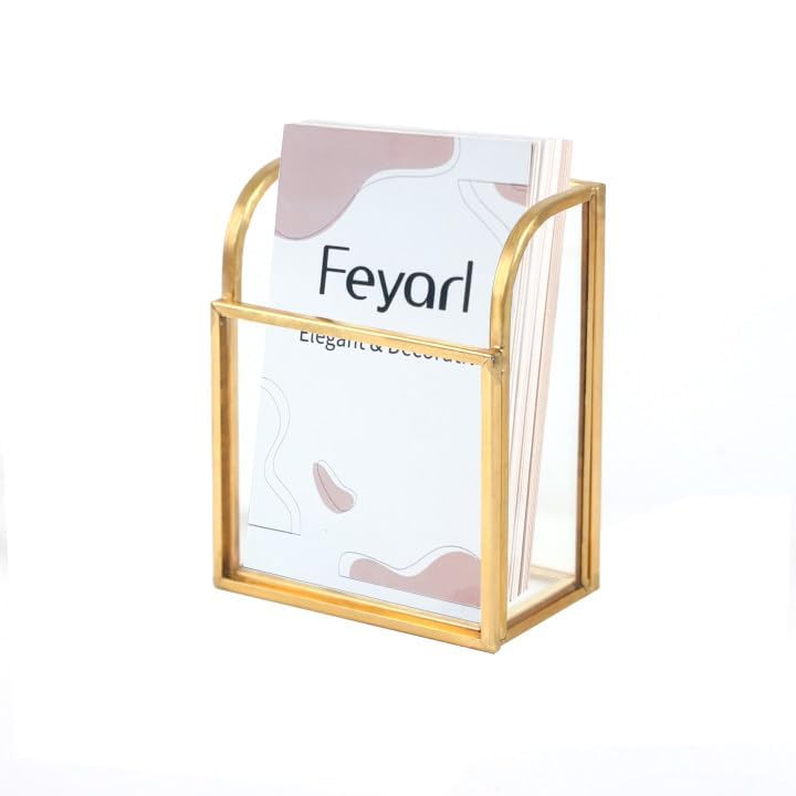 Feyarl 1pcs Gold Glass Business Card Holder Stand Vertical Business Card Display Clear Business Name Card Organizer Appointment Gift Cards Storage for Office Meeting Salons Desktop Countertop